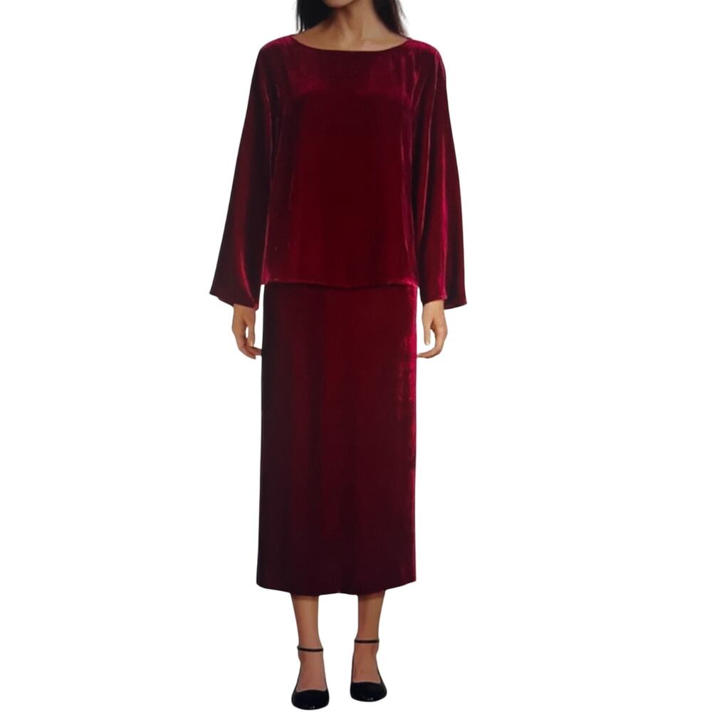 Eileen Fisher Ruby Red Velvet Bateau Neck Flare Sleeve Midi Skirt Set NWT XL